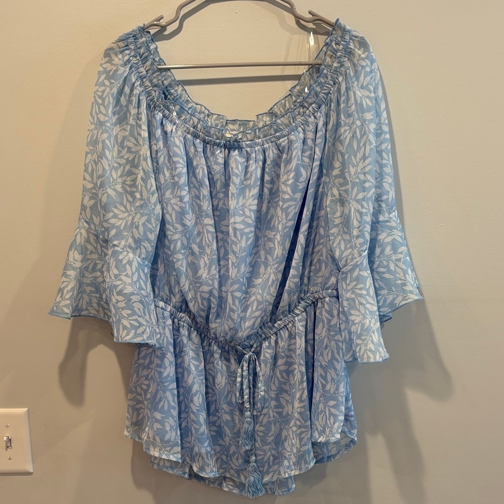Blush Light Blue Leaf Print Off-Shoulder Blouse